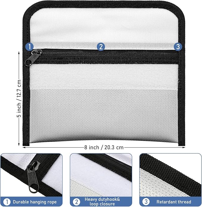 Leinuosen 6 Pack Small Fireproof Bag 8 x 5 Inch Fireproof Money Waterproof Pouch Document Bag with Zipper Silicone Coated Money Holder Safe Accessories for Valuables Passport(Black and Silvery)