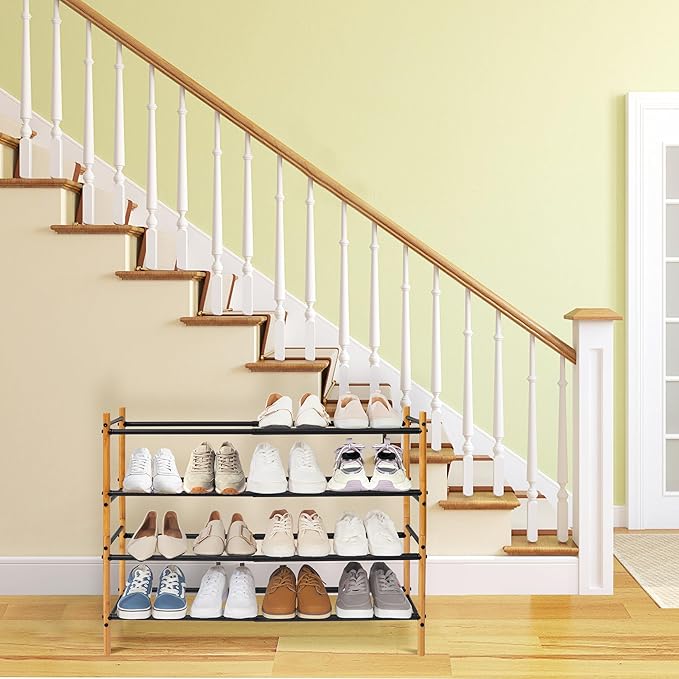 STORAGE MANIAC Expandable Shoe Rack, 12 Pairs Stackable Small Shoe Rack, Metal Adjustable Shoes Organizer for Closet, Entryway, Hallway, Garage, Front Door, Shoes Shelves, Bamboo 3 Tier