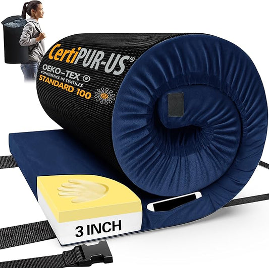 CYMULA CertiPUR-US Memory Foam Camping Mattress Pad, Portable Foam Sleeping Pad for Camping, Roll up Sleeping Mat for Adults Guest Floor Bed for Sleepover, Car, Tent SUV Cot Mattress