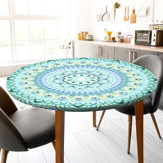 Round Tablecloth Fitted Elastic Table Cover Waterproof Table Cloth for Dinner, Party, Picnic,Camping, Round Table Cover for Indoor Outdoor