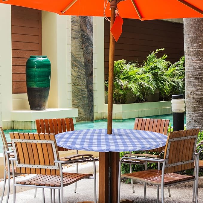 2 Pcs Round Outdoor Tablecloth with Umbrella Hole - Anti-Wrinkle Polyester Tablecloth with Elastic Zipper Table Cover for Summer Patio Camping Party(45''-53'',Plaid)