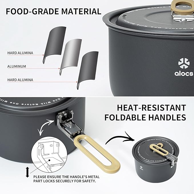 Alocs Portable Camping Cookware - Upgraded Handle, Non-Stick Camping Pan Set for Outdoor Kitchen, Picnic, Hiking and Fishing