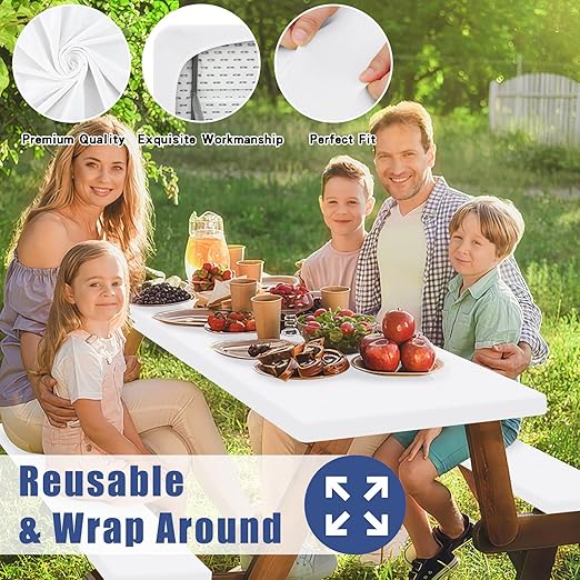 Picnic Table Cover with Bench Covers, Elastic Fitted Spandex Tablecloths for 6 Foot Rectangle Tables, Stretch Washable Patio Tablecloth for Outdoor, Camping (White, 30"x72")