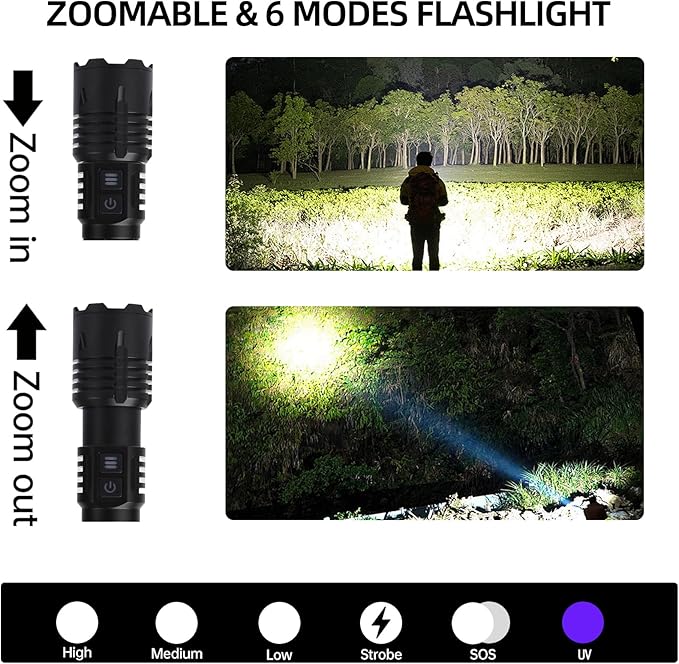 Super Bright High Lumen UV & White Flashlights,Zoomable Rechargeable Hand Held LED Tactical Flashlight with 6 Modes,Waterproof, 2-in-1 Powerful Flash Light for Pet Urine,Camping,Emergency