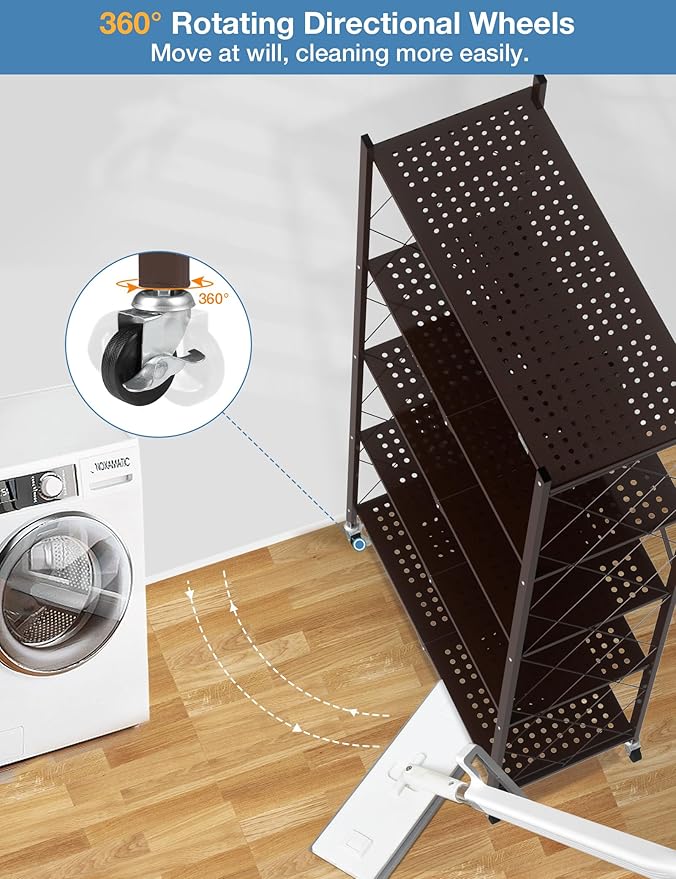 ALANNG 70.7" H Metal Storage Shelves, 5 Tier Folding Shelf on Wheels, Heavy Duty, No Assembly, Rolling, Collapsible Rack Unit for Kitchen, Basement, Pantry (Vintage Brown,2 Pack)