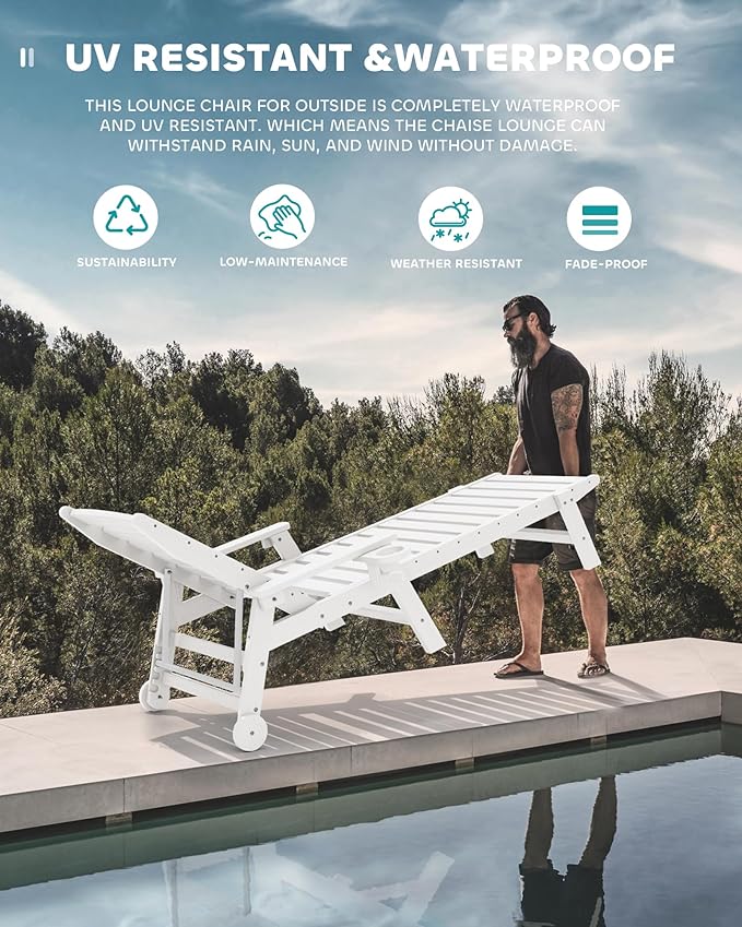SERWALL Patio Chaise Lounge Chair, 78'' Long HDPE Outdoor Lounge Chair 5 Positions Adjustable Outdoor Lounger, Poly Lounge Chair with Rolling Wheels & Cup Holder for Pool, Light White