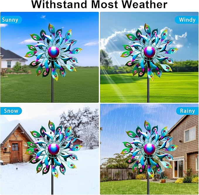 51.9" Peacock Solar Wind Spinner Outdoor Decor – Waterproof LED Lighted Garden Art with Adjustable Metal Pole, IP65 Weather Resistant for Yard, Patio