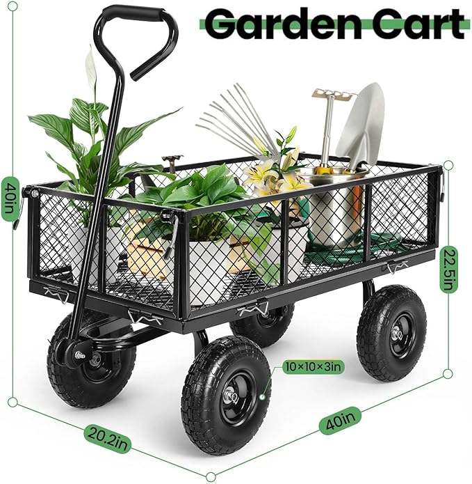 Homdox 660LB Garden Cart on Wheels, Heavy Duty Yard Wagon with 180° Rotating Handle, Mesh Foldable Garden Wagon Outdoor Utility Carts for Camping, Sports, Garden, Beach, Farm, Fishing, Black