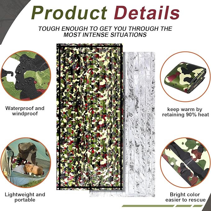 Preboun 10 Pcs Emergency Sleeping Bag Portable Lightweight Survival Bag Thermal Bivy Sack Waterproof Emergency Blanket Survival Gear for Outdoor Camping Hiking Homeless People Shelter (Camouflage)