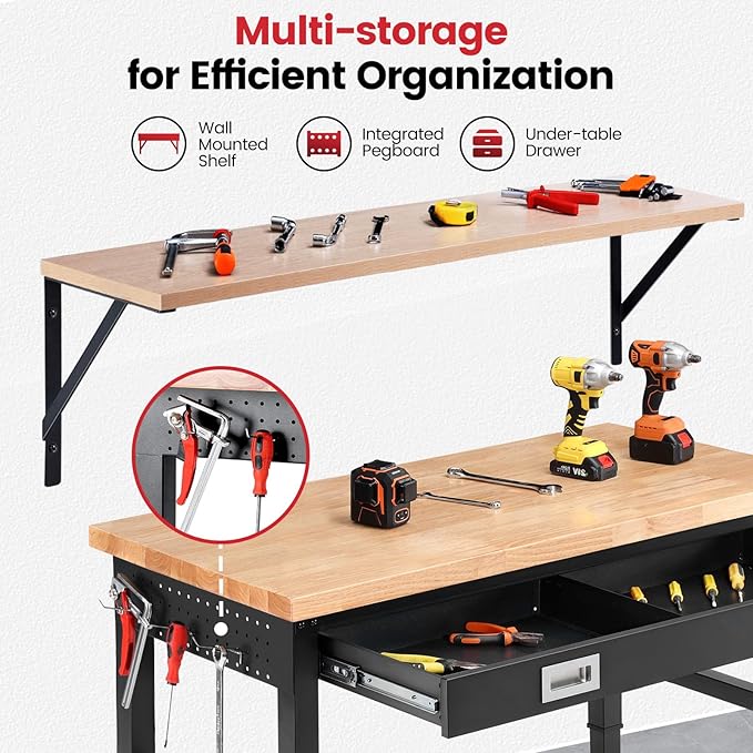Workbench with Shelf Bracket 48 Inch Adjustable Height Work Bench for Garage Heavy Duty Rubberwood Tabletop Work Table with Drawer, Power Outlets for Woodworking, Home, Office, Workshop