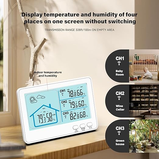 Indoor Outdoor Thermometer Wireless, 5 Inch Display Digital Hygrometer Thermometer Temperature Humidity Monitor with 328ft Range Sensor and Weather Station