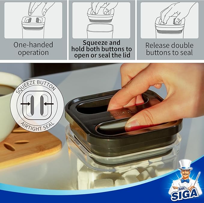 MR.SIGA 4 Pack Airtight Food Storage Container Set, BPA Free Kitchen Pantry Organization Canisters, One-handed Airtight Cereal Snack Candy Storage Containers, 360ml / 12.2oz, Small, Black