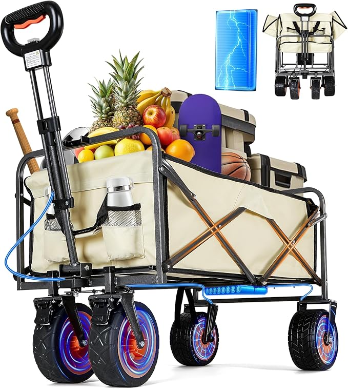 Electric Collapsible Garden Wagon Cart with Wheel,Rolling Foldable Metal Utility Wagon Carts,100w Power and 300lb Capacity, Portable for Camping,Sports,Shopping,Groceries,Laundry (White)