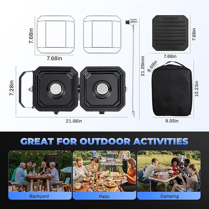 2-Burner Foldable Camping Stove with Griddle and Carrying Bag，16000 BTU Portable Propane Camp Stove with 2 Adjustable Burners & Piezo Ignition, for Camping, Home Backyard, Frying Turkey, Blue