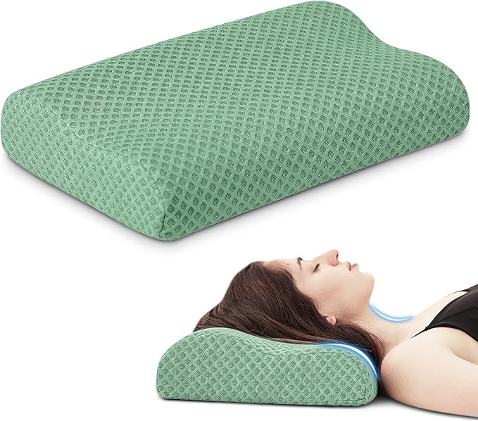 Travel Pillow Memory Foam Pillows, Ergonomic Wave Cervical Neck Pillow for Neck Pain Relief, Compressible Medium Firm Side Sleeper Pillow, Ideal for Camping, Office, Home & Bed (Green, L)