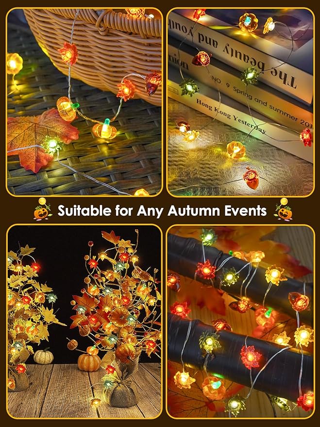 Fall Decorations 3D Pumpkin Acorn Maple Leaf Fairy Lights Battery Operated with Remote, 10FT 30 LED String Lights Outdoor & Indoor, Waterproof 8 Modes for Garland Harvest Thanksgiving Halloween Decor
