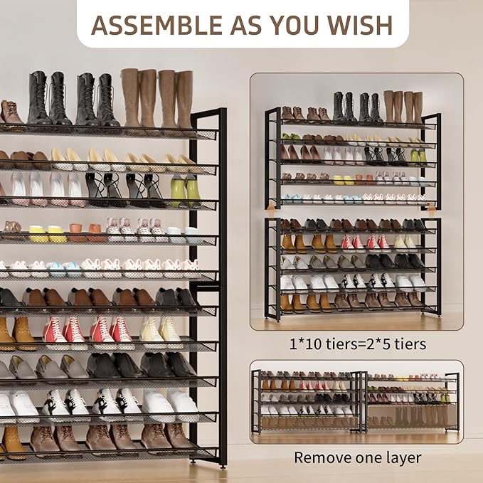 Metal Shoe Rack,Large 10 Tier Shoe Organizer, Heavy Duty Metal 5-Tier Stackable Shoe Storage Vertical Shoe Rack for Closet Front Door Entrance,Entryway,GarageUp to 62 Pairs,Black