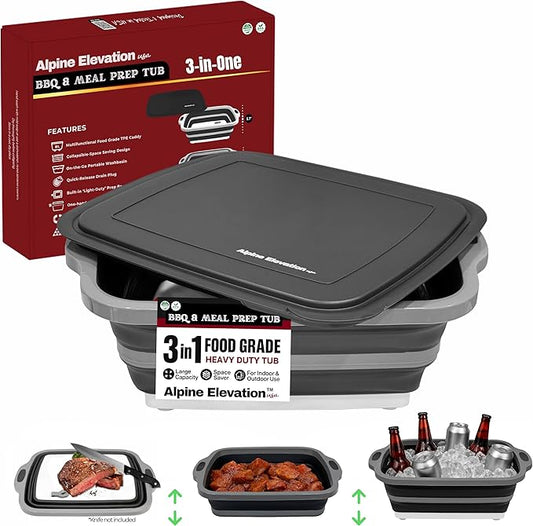 Collapsible Large (8L) BBQ Marinating Tub w/Cutting Board | Multipurpose Food-Grade TPE Prep Tub w/Lid | Built-in Colander & Drain Plug - for Camping | Tailgate | Picnic - Slate Black