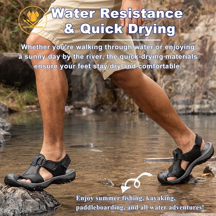Men's Sport Sandals Closed Toe Leather Hiking Athletic Walking Outdoor Beach Trail River Fishing Water Shoes Lightweight Comfortable Waterproof