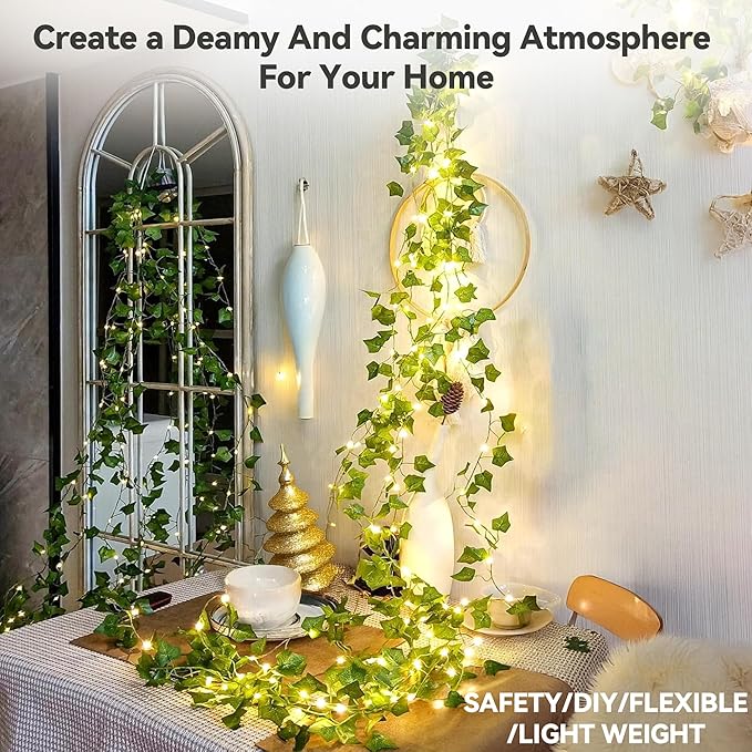 YOUNGAR Ivy Vines with Fairy Lights,Leaf String Lights Battery/USB Operated,23FT 73LED Fake for Bedroom Wall Room Wedding Birthday Garden Party Wall Room Decor (Warm White)