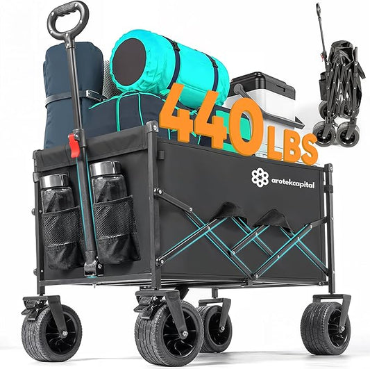 Collapsible Foldable Wagon Cart, 440lbs Heavy Duty Utility Wagon with All-Terrain Wheels, Folding Outdoor Cart with Brakes for Beach, Sports, Camping, Garden, Shopping – Black