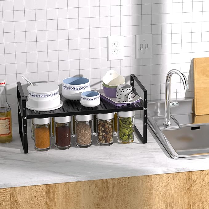 Redrubbit Expandable Cabinet Storage Shelf, Adjustable Height Steel Metal Kitchen Counter Organizers Shelves Spice Rack for Kitchen Pantry Bathroom Cupboard Desk Home Office, Black-1 Pack