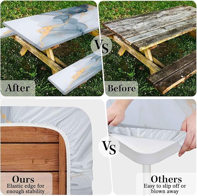 CAPSCEOLL Elastic Picnic Table Cover with Bench Covers 5Ft Waterproof Fitted Picnic Table Cover Cloths for Outdoors Camping Tablecloth with Drawstring Bag, 60X30in, Grey White Marble