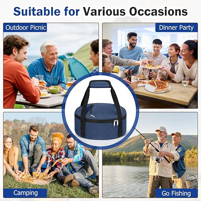 Round Insulated Casserole Carrier, Pie Carrier Bag, Portable Casserole Carrier for Hot or Cold Food Lunch Tote Warmer or Cooler Bag, Lunch Bag for Parties Picnic, Fits 12.5" Baking Dish, Navy Blue