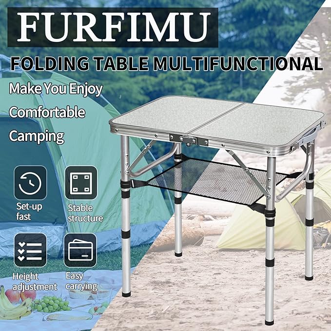 Small Folding Camping Table, Aluminum 3 Adjustable Height Foldable Table, 24" x 16" Portable Lightweight Picnic Table with Mesh Layer for Outdoor Indoor Beach Patio BBQ Backpacking(White)