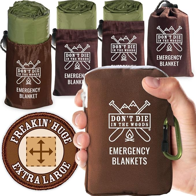 Don't Die In The Woods - Freakin’ Huge Emergency Blankets [4-Pack] Extra-Large Thermal Mylar Space Blankets with Ripstop Nylon Stuff Sacks + Carabiner Zipper Pack [Army Green]
