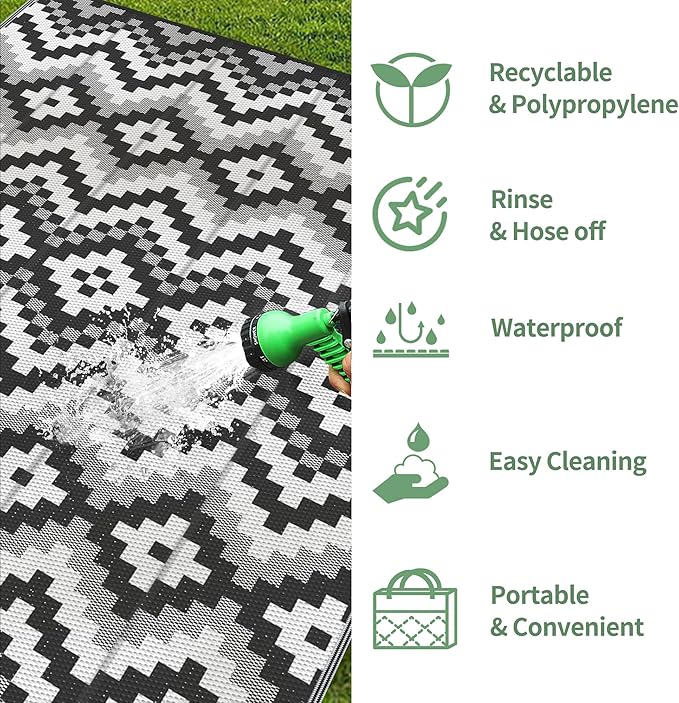 GENIMO Outdoor Rug Waterproof 5x8 ft, Lightweight Plastic Straw Rugs, Outside Reversible Area Mat Carpet for Patio, Camping, RV, Deck, Balcony, Porch, Backyard, Black & White
