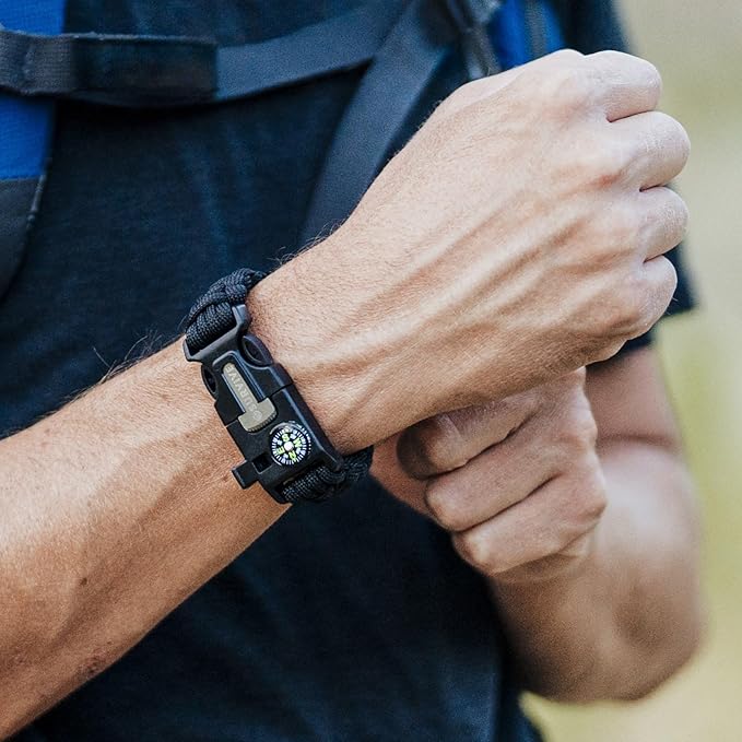 SURVIVE Paracord Bracelet, Pack of 2, Emergency Hiking Survival Kit Fire Starter Compass Whistle, 3 Wrist Sizes: Small Medium Large, 8.5-10 ft Continuous Strand Flint Steel Scraper 5 in 1