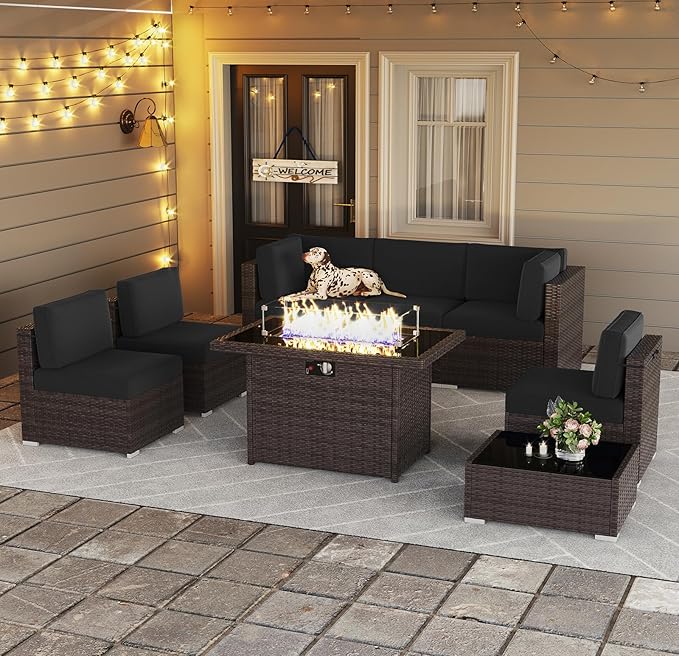LayinSun 8 Piece Patio Furniture Set with 44" Propane Gas Fire Pit Table, Outdoor Sectional Conversation Set Wicker Rattan Sofa Set with Coffee Table
