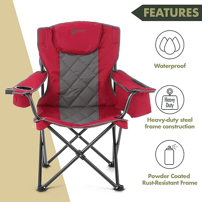 ARROWHEAD OUTDOOR 2-Pack Portable Folding Camping Quad Chair w/ 6-Can Cooler, Cup & Wine Glass Holders, Heavy-Duty Carrying Bag, Padded Armrests, Headrest & Seat, Supports up to 550lbs