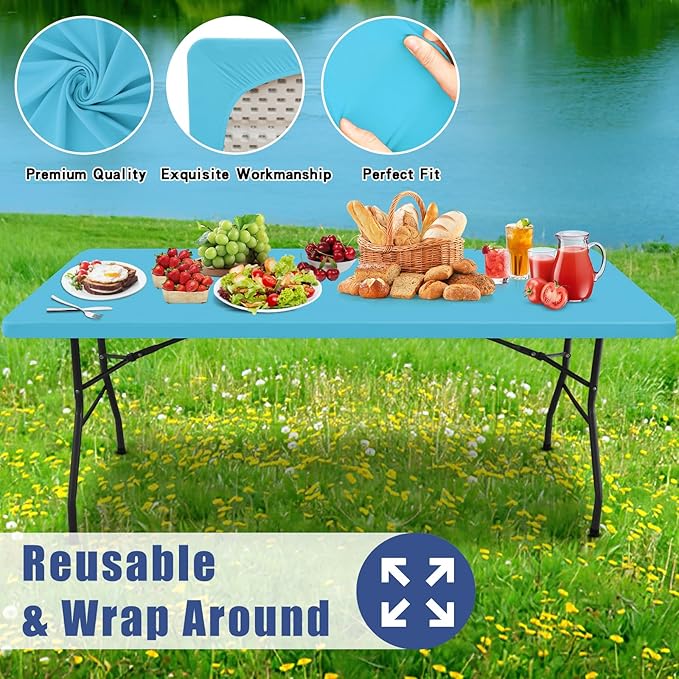 Spandex Picnic Table Cloth 2 Pack, Elastic Fitted Tablecloths for 8 Foot Rectangle Tables, Stretch Washable Patio Table Cover for Outdoor, Camping, Banquet and Parties (Blue Mist, 30"x96")
