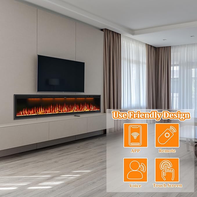 Benrocks 88'' Smart Electric Fireplace Inserts, WiFi-Enabled Recessed & Wall Mounted Fireplace, 13 * 13 * 3 Color Combinations, App Control Fireplace Heater, Timer, Logs & Crystals 750/1500W Black