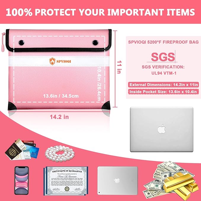 5200°F Fireproof Document Bag -Heat Insulated, Upgraded Water Fire Proof Pouch with Zipper, 9 Layers of Functional Materials, 14.2 X 11” Fire Proof Money Bag for Cash, Important Document and Valuables