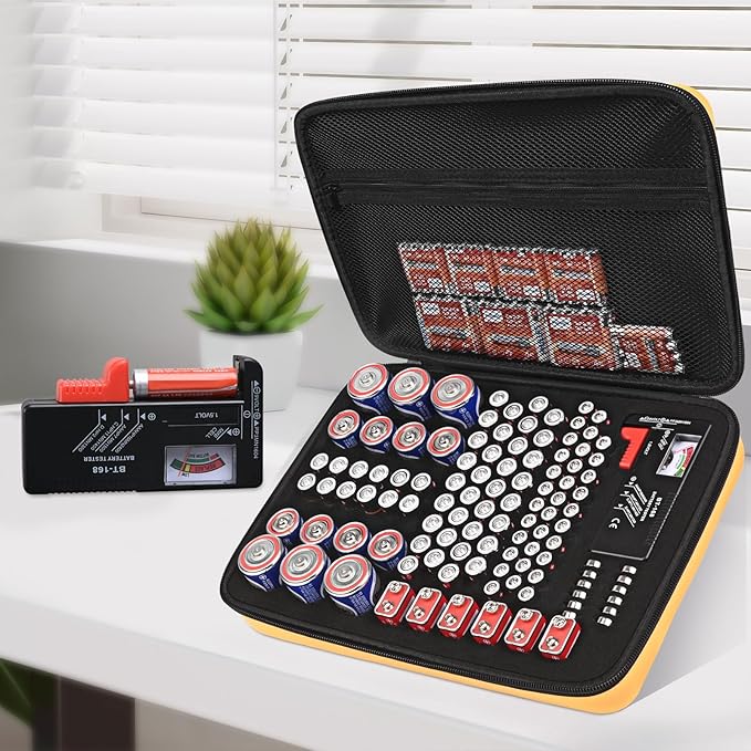 Battery Organizer Storage Case with Tester for AA AAA C D 9V Battery Holder 7 Batteries Variety Pack 111 Batteries Mesh Bag (Batteries Not Included)