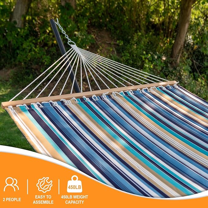 Lazy Daze Quilted Fabric Hammock with 12-Foot Stand, Double 2-Person Hammock with Pillow for Outdoor Outside Patio, Garden, Backyard, 450LB Capacity, Beach