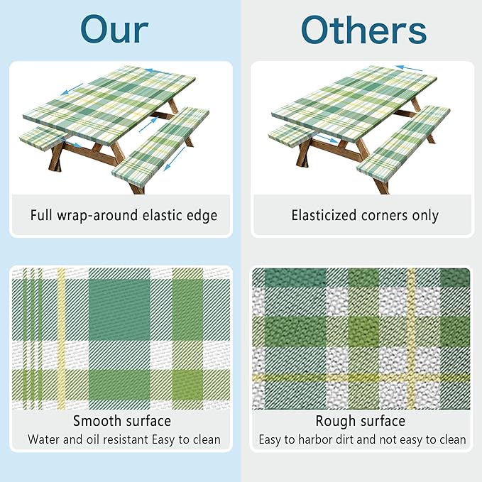 Green Picnic Table Cover with Bench Covers, 3 Pcs Waterproof Elastic Picnic Table Cover Outdoor Camping Essentials, Windproof Fitted Tablecloth for Indoor Outdoor (Plaid, 60X30 Inch)