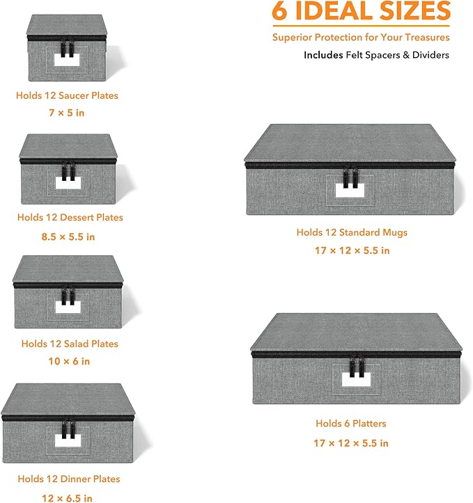 SpaceAid China Storage Containers 6 Pack, Stackable Hard Shell Quilted Cases with Soft Plate Separators, Moving Supplies Packing Boxes for Dishes, Plates, Platters, Mugs, Cups (Grey)