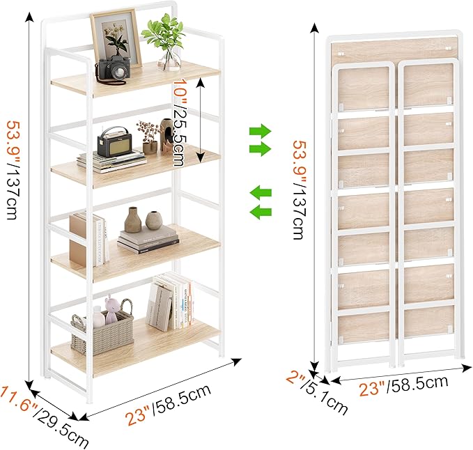 No Assembly Folding Bookshelf, 4 Tiers Collapsible Book Shelf for Home Office, Vintage Wood Foldable Bookcase Storage Organizer for Living Room Bedroom (Beige)