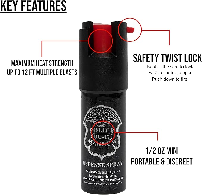 POLICE MAGNUM Mini Pepper Spray Self Defense Canisters- Max Heat Strength- Small & Discreet - Made in The USA (10 Pack 1/2oz Twist Lock)