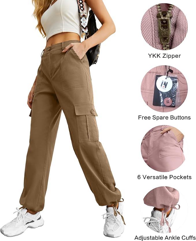 Lepunuo Women's High Waisted Cargo Pants Travel Y2K Streetwear Baggy Stretchy Pants with 6 Pockets Drawstring Ankle Cuffs