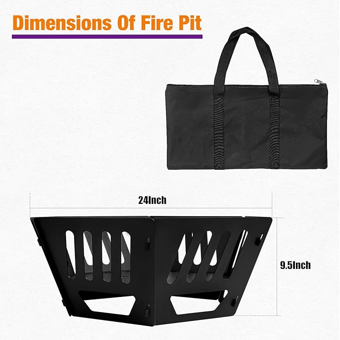 24-inch Fire Pit, Outdoor Portable Wood-Burning Fire Pit Log Stove Fireplace for Camping, Backyard, Garden Picnic Patio and Beach. Comes with A Carry Bag