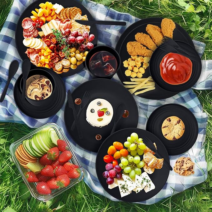 Wheat Straw Plate and Bowl sets with cups and cutlery set of 64- Unbreakable Dinnerware sets service for 8 - Microwave and Dishwasher safe dish sets for kitchen,camping.Black