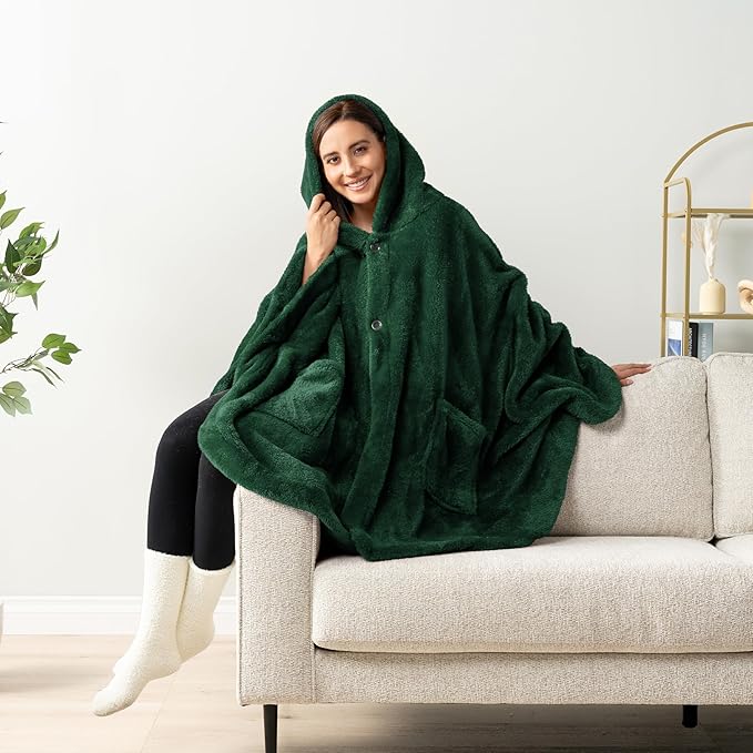 PAVILIA Angel Wrap Hooded Blanket Poncho, Wearable Blanket Throw Wrap Poncho for Women Adult, Cozy Fluffy Sherpa Fleece Shawl Cape with Hood pockets, Warm Gift for Mom Wife, Emerald Green