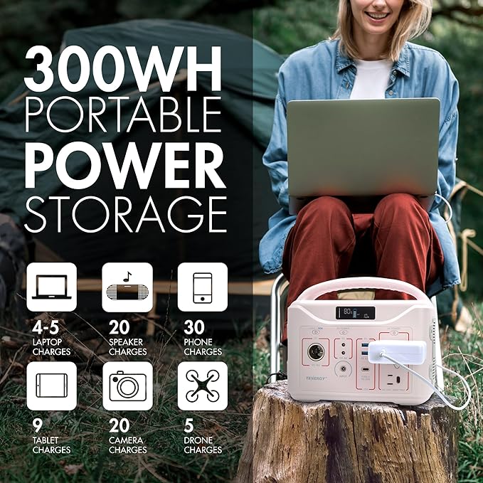 Tenergy T320 Portable Power Station, 300Wh Battery, 110V/200W (Surge 400W) Two Pure Sine Wave AC outputs, USB type C PD 45W, Mobile Power for Outdoors, RV, Hunting, Emergency Backup, Sandy Coral