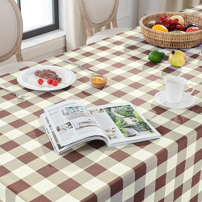 Softalker Gingham Checkered Rectangle Tablecloth - Waterproof Buffalo Plaid Table Cloth Stain Resistant Washable Table Cover for Picnic/Camping/Outdoor - Coffee and White, 54 x 78 Inch