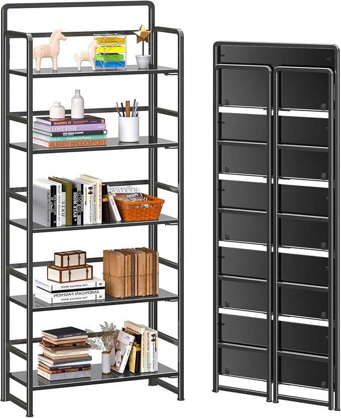 4NM No-Assembly 5 Tiers Folding Bookshelf Storage Shelves Vintage Bookcase Standing Racks Study Organizer Home Office (All Black)